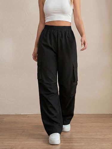 Image of GRECIILOOKS High Waist Cotton Trousers for Women - Flared Parachute Pants with Side Pockets | Casual Travel Cargo Pants