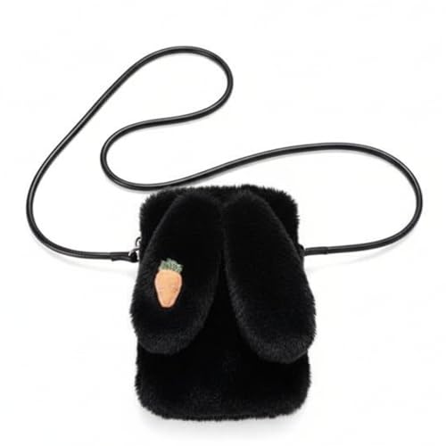 Womens Cute Plush Bunny Ears Crossbody for Cell Phone Kawaii Carton Small Pink Shoulder Bag for Travel Gifts (BLACK)