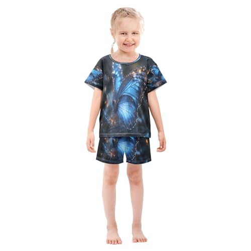 ALAZA Butterfly Blue 3d Landscape Pajamas Set Short Sleeve Cotton Sleepwear Summer Pjs 2 Piece 5-14Y3