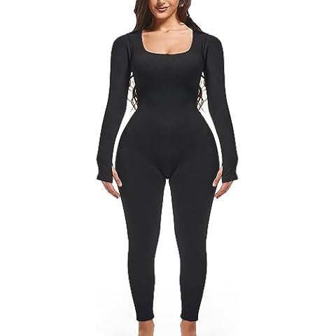 Women Jumpsuit One Piece Jumpsuits For Women Workout Jumpsuits Bodycon Workout Outfit Yoga Ribbed Jump Suit Gym Long Sleeve (Black, Medium) Cover