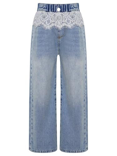 Kids Girls Lace Trim Fashion Wide Leg Jeans Baggy Denim Trousers Casual Denim Pants Bottoms with Pockets3
