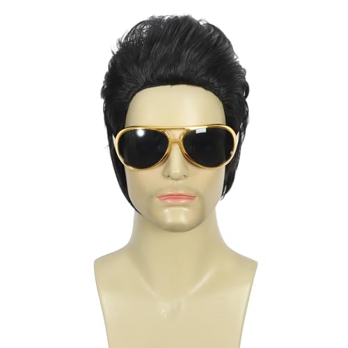 Elvis Presley Costume Set Black Pompadour Wig with Gold Aviator Sunglasses and Sparkling DISCO Necklace Retro Rock Outfit Accessories for Halloween Cosplay Disco Party Stage Performance (Black)