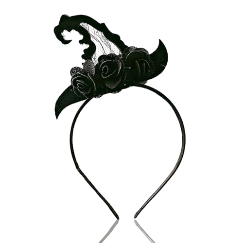Witch Headband for Women – Mini Witch Hat with Lace and Roses, Adult Halloween Fascinator, Small...