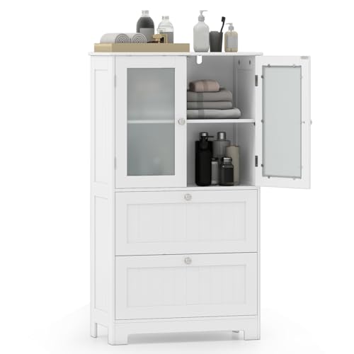 GOPLUS Badezimmerschrank, Badschrank mit Doppeltüren & 2 Schubladen, Aufbewahrungsschrank für Wohnzimmer, Küche & Eingangsbereich, Weiß