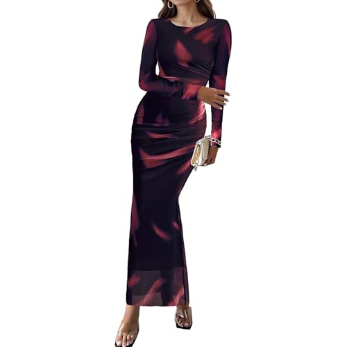 Women's Long Sleeve Maxi Dress Fall Fashion Floral Bodycon Mesh Ruched Long Dress Party Cocktail Wedding Guest Formal Dresses2