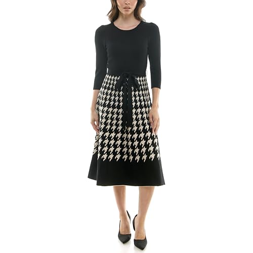 Women's 3/4 Sleeve Solid Sweater Midi with Houndstooth Skirt