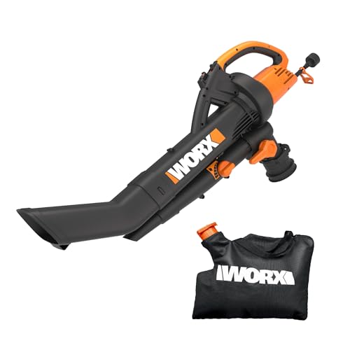 WORX WG505 Trivac 12 Amp 3-in-1 Electric Leaf Blower/Leaf Vacuum/Mulcher, Metal Impeller for Fine Mulching 350CFM Blower/Vac/Mulcher