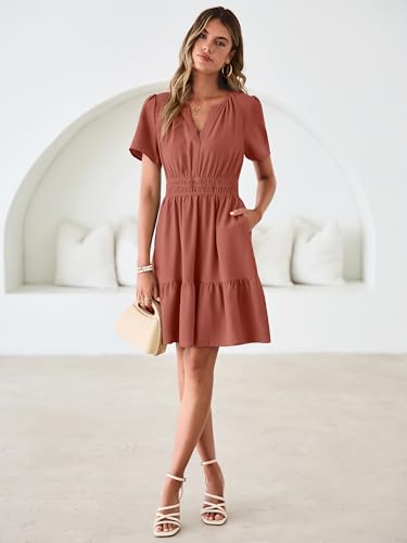 Image of Simplee Womens Casual Summer Dresses 2026 V Neck Short Sleeve Empire Waist Flowy A Line Ruffle Tiered Mini Sundress