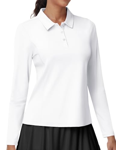 Consejos para Comprar Polos para Mujer de esta semana. 46 MIER - Polo de manga larga para mujer, de secado rápido, cuello de golf, para trabajo atlético, tenis, protección solar inherente UPF 50+, Blanco, M