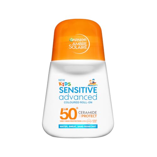 Garnier Ambre Solaire Sunscreen Roll On SPF 50 Kids Sensitive Advanced Coloured Roll-On SPF 50+ Triple Resistance to Water Sweat & Sand Hypoallergenic Vegan Formula Easy Application 50ml