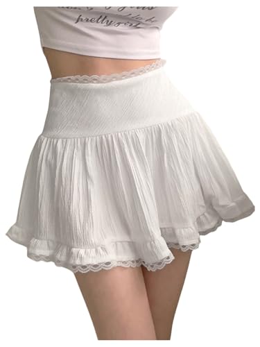 GORGLITTER Women's Y2k Lace Trim Mini Skirt Ruffle Hem High Waist Flowy Coquette Skirts