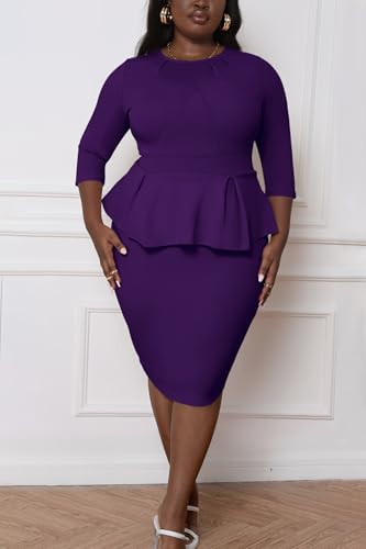 Runwind Womens Plus Size Dress - Work Business Professional Office Vintage Peplum 3/4 Sleeve Pencil Dresses4