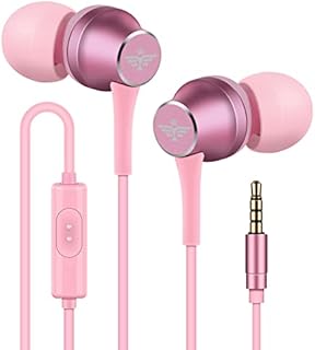 Earbuds Headphones with Microphone,Wired Earphones in Ear Metal Headsets Noise Isolating Heavy Bass Stereo,3.5mm Interface for iPhone and Android Phones,iPad,iPod,MP3,Players,Computers-Pink