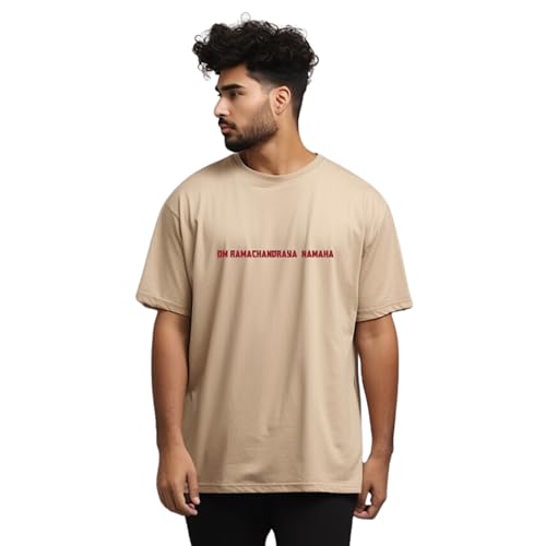 Image of Prabhubhakti Men's Oversized Ramachandraya Printed Beige T-Shirt | Back Print Drop Shoulder Pure Cotton Oversized Tshirt for Men