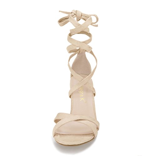 Allegra K Allegra K Women Open Toe Lace-Up High Block Beige Heeled Sandals 10 M US