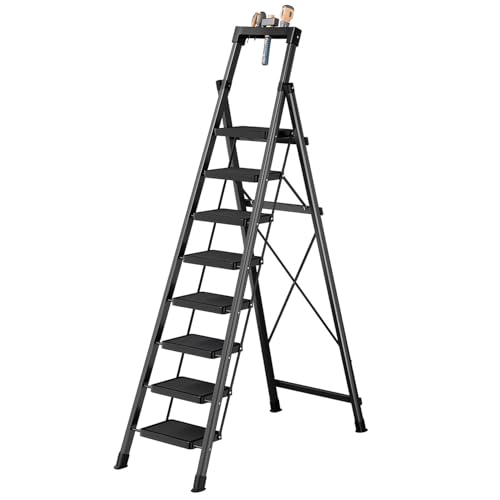 8 Step Ladder,Folding Step Stool with Tool Tray,Portable Sturdy Steel Ladder with Anti-Slip Pedal,Lightweight,Convenient Work Platform,Sturdy Carbon Steel Step Ladder for Adult,Garden,Garage