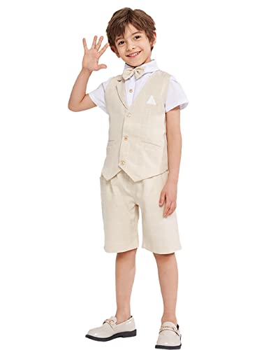 Image of Summer Boys Suit Dress Clothes Kids Wedding Ring Bearer Outfit 4Pcs Shirt Vest Shorts Set