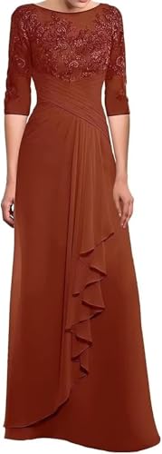Image of Long Chiffon Lace Applique Mother of The Bride Dress for Women Rust 3 /4 Sleeve Mother of The Groom Dresses for Wedding Guest Size 16