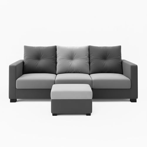 Image of FURNY Amonster 4 Seater L Shape Sofa Set with Movable Ottoman | Flexible Left or Right Layout | Plush Velvet Fabric (Dark Grey-Light Grey) | Perfect for Living Room, Guest Room & Office