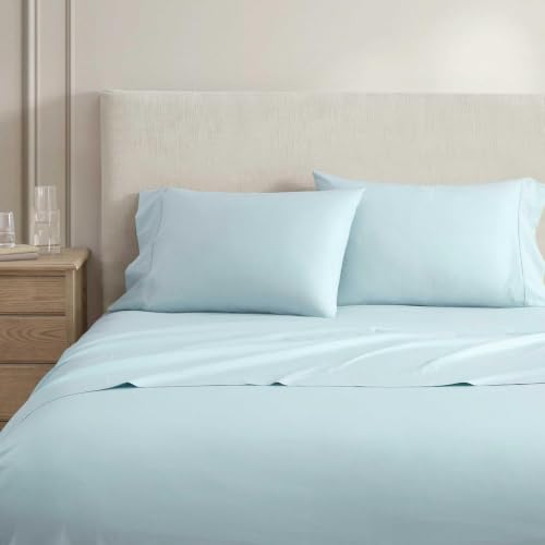 Image of Martha Stewart - Twin Size Sheets Set, Crisp & Tailored Cooling Sheets w /a Naturally Smooth Cotton Percale Lightweight Feel - Bed Sheets with Matching Pillowcase & Fitted Sheet (Skylands Solid Blue)