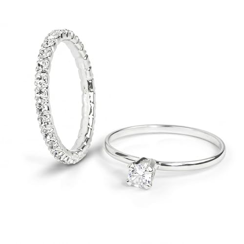 Zemora Kit 2 Anéis Femininos Banhado a Prata Solitário Zircônia Cristal e Aparador Cravejado Strass Hipoalergênico Elegante(Aro 21-Fino)