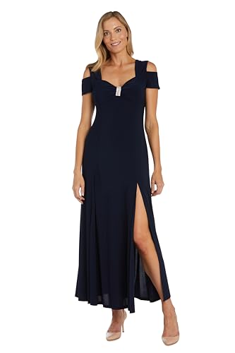 R&M Richards Women's Off Shoulder Sweetheart Neckline Gown W/Side Slit & Thick Straps - Rhinestone Embellished Evening Dress