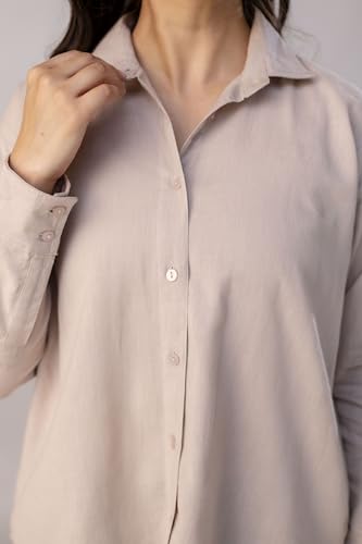 Image of Women's Linen Blend Shirt | Casual Collared Button Down Shirt for Women | Solid Color Full Sleeve Oversized Fit | Summer Casual & Office Wear Top