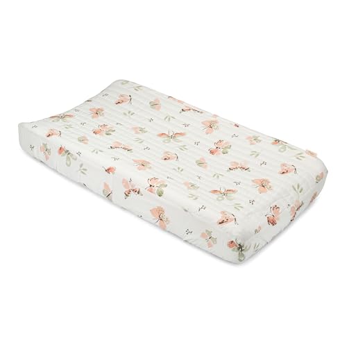 Image of Crane Baby Changing Pad Cover, 100% Cotton Sateen Exterior, Pink Nursery Decor, Pink Butterfly Baby Changing Table Pad Cover, Fits Standard 16" x 32", Butterfly Nursery Decor, Change Table Sheets
