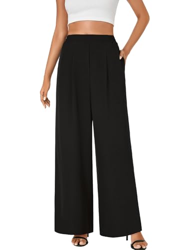 Rooscier Women's Wide Leg Pants Loose Fit High Elastic Waisted Pleated Front Casual Long Trousers with Pockets
