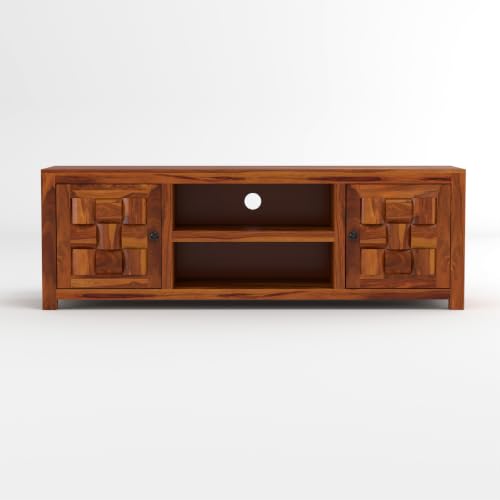 Image of Solid Sheesham Wood Entertainment TV Unit with 2 Door | Rosewood Tv Stand /TV Cabinet for Living Room | Bedroom | Wooden TV Panel with Shelf Stoarge | TV Table