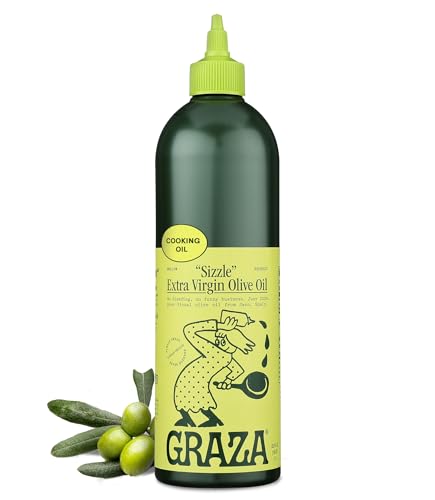 Graza Sizzle Extra Virgin Olive Oil, Cooking Oil - High Polyphenol Peak Harvest EVOO Cooking Oil in a Squeeze Bottle - Single Farm Olives from Spain - 33.8 Fl Oz (1L)
