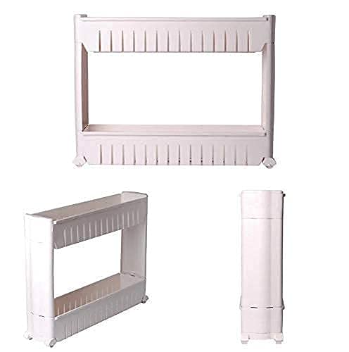 Image of 2 Layer Storage Organizer Slim Rack and Shelf with Wheels for Easy Slide | Unbreakable Plastic, white