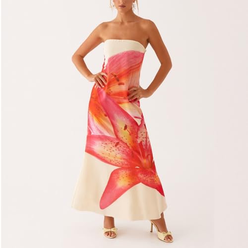 Image of Women Y2k Strapless Maxi Dress Summer Backless Floral Long Tube Dress Off Shoulder Cocktail Party Dress