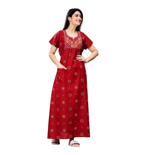 Image of Women's Pure Cotton Maxi Nighty, Jaipuri Embroidery Print, Short Sleeve Night Gown with Pocket