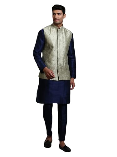 Image of VM Men's Grey And Cream Silk Blend Jacket, Kurta and Pyjama Set