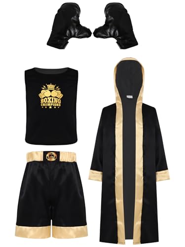 Jugaoge Costume Boxeur Enfant 4 Pièces Haut et Short de Boxe Robe de Boxe à Capuche avec Gants Tenue de Entraînement Noir 3-4 ans
