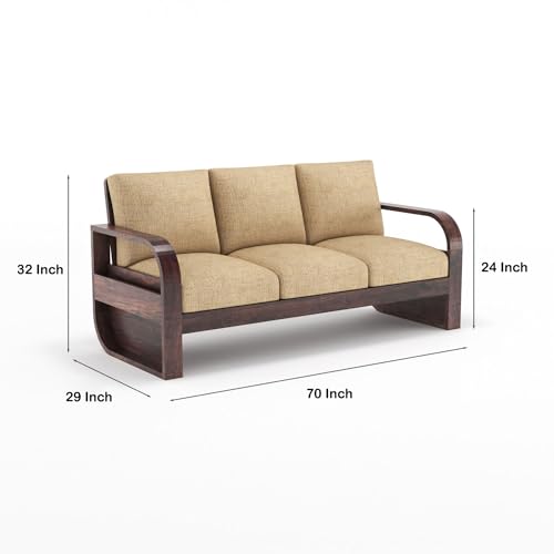 Image of Solid Sheesham Wood 5 Seater Sofa Set | Wooden Sofa Set for Your Living Room with Brown Cushions (3+1+1 Walnut Finish)