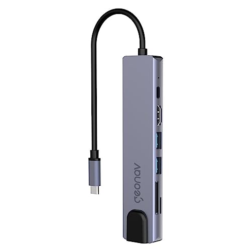 Geonav Adaptador Multiportas USB-C 7 em 1 - USB 3.0, HDMI, Leitor de Cartões, RJ45 Gigabit Ethernet, Tecnologia Power Delivery (PD), Suporta Thunderbolt 3.0, UCA11, Prata