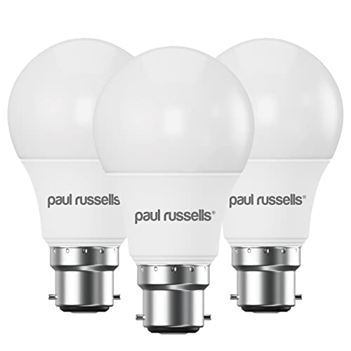 paul russells LED GLS - Dimmable Bayonet Light Bulbs, 8.5W 806Lumens B22 A60 LED Bulbs, 60w Equivalent, 4000K Cool White/Natural White, Dimmer Standard BC Energy Saving Ceiling Light, Pack of 3