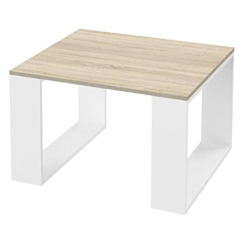 ML-Design Mesa de Centro 65 x 65 x 40 cm Tablero de Madera de Roble Patas Metálicas Blancas Mesita Cuadrada Auxiliar para Salón y Oficina Mesilla Estilo Moderno Velador de Sofá para Té y Café Cómoda
