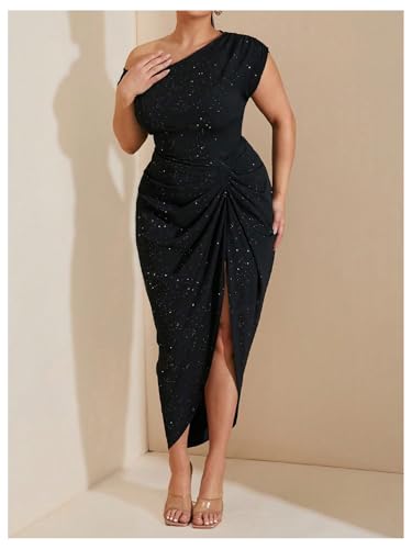 Image of Floerns Women's Plus Size Asymmetrical Neck Long Dress Ruched Slit Hem Cocktail Dress