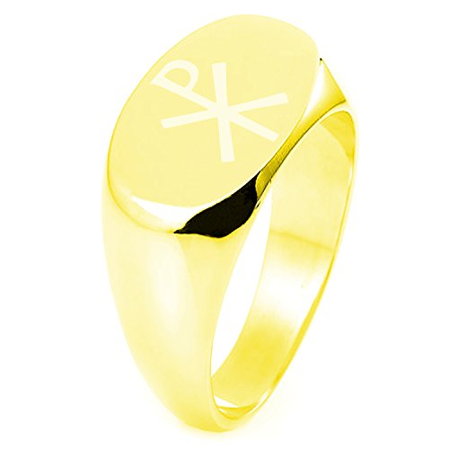 Imagen de Oro Plata Esterlina Símbolo Chi Rho Grabado Plano Oval Anillo Tamaño 22