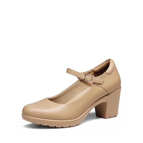 DREAM PAIRS Zapatos de Tacón Alto Clásicos Mujer Zapatillas con Tacón Ancho Zapatos de Salón PU Desnudo SDPU2231W-E Talla 39 (EUR)
