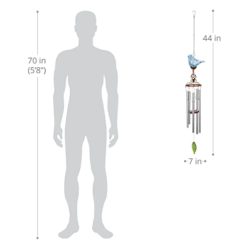 Exhart Wind Chimes, Solar Turquoise Glass Bird Wind Chime, LED, Outdoor Lawn and Yard Glass and Metal Decoration, 7 x 4 x 44 Inch
