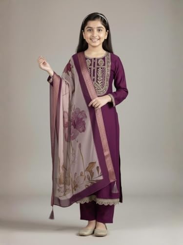 Image of Girls Ethnic Embroidered Silk Kurta Pant and Jacquard Dupatta Set | Kids Salwar Suit | three piece Traditional Outfit