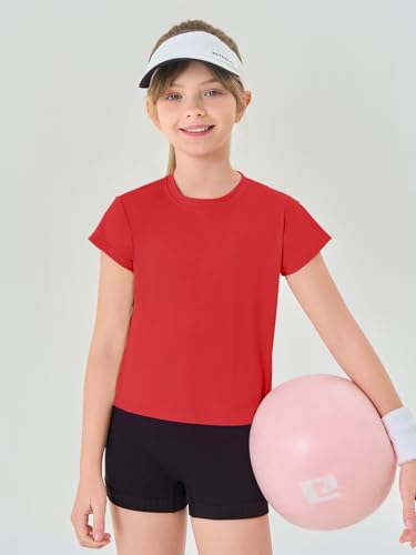 Haloumoning Girls Loose Athletic Shirts Short Sleeve Crop Tops Kids Quick Dry Gym Yoga Tees 5-14 Years2