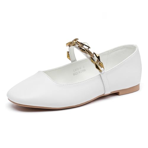 Lynweisy Women's Two-Tone Mary Jane Flats - Adjustable Buckle Strap Ballet Flats Shoes, Non-Slip Black/Silver Comfort Dress Flats