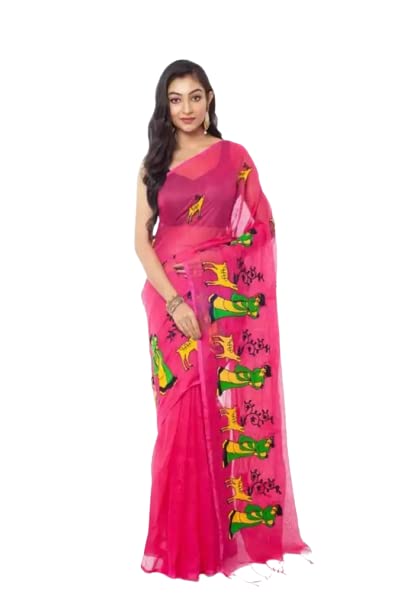 GenericS.K. House Women's Traditional Cotton Silk Bengal Handloom Saree, (SKH_Pink_087)
