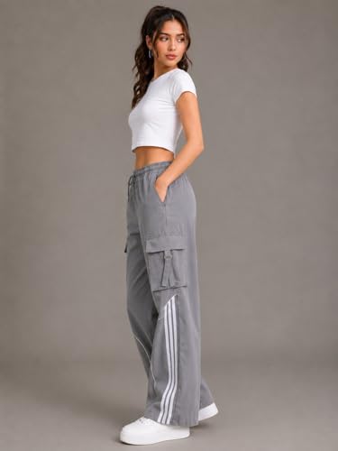 Image of Women's Grey Wide Leg Cargo Track Pants Casual Streetwear Striped Jogger Trousers