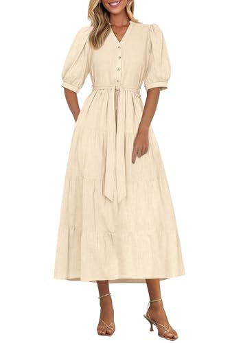 PRETTYGARDEN Summer Dresses for Women 2025 Elegant Classy Short Sleeve V Neck Ruffle A Line Belted Long Flowy Beach Dress